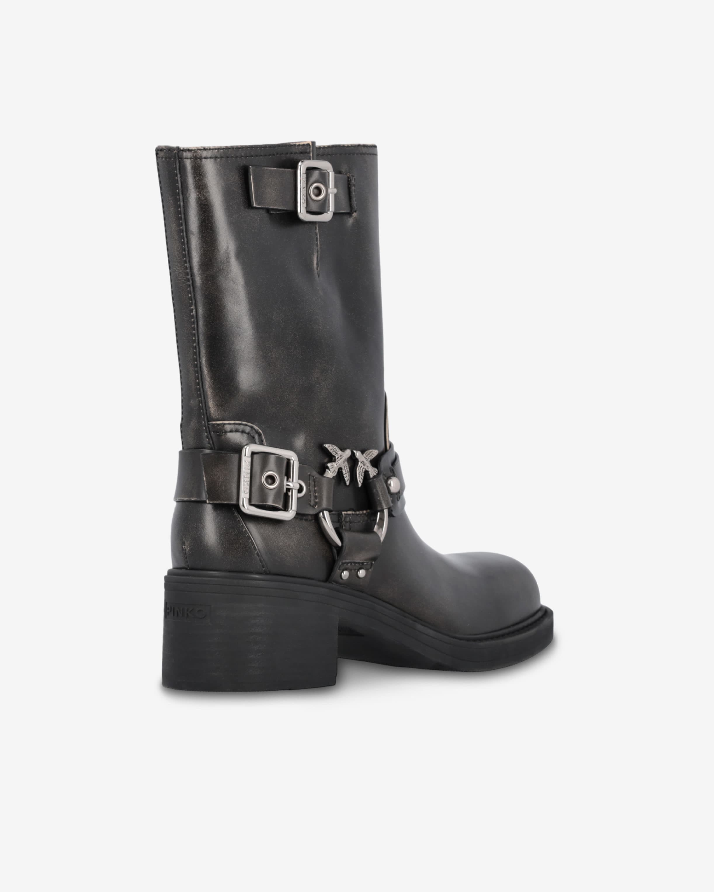 Calf high leather biker boots with buckles