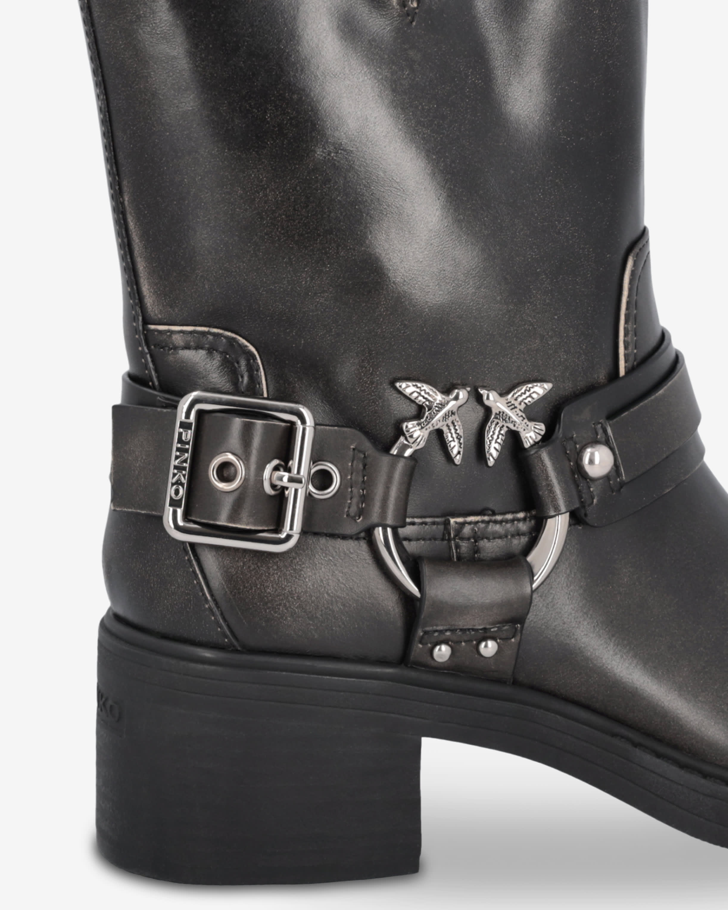 Calf-high leather biker boots with buckles PINKO → Shop Online Calf-high leather biker boots with buckles PINKO → Shop Online