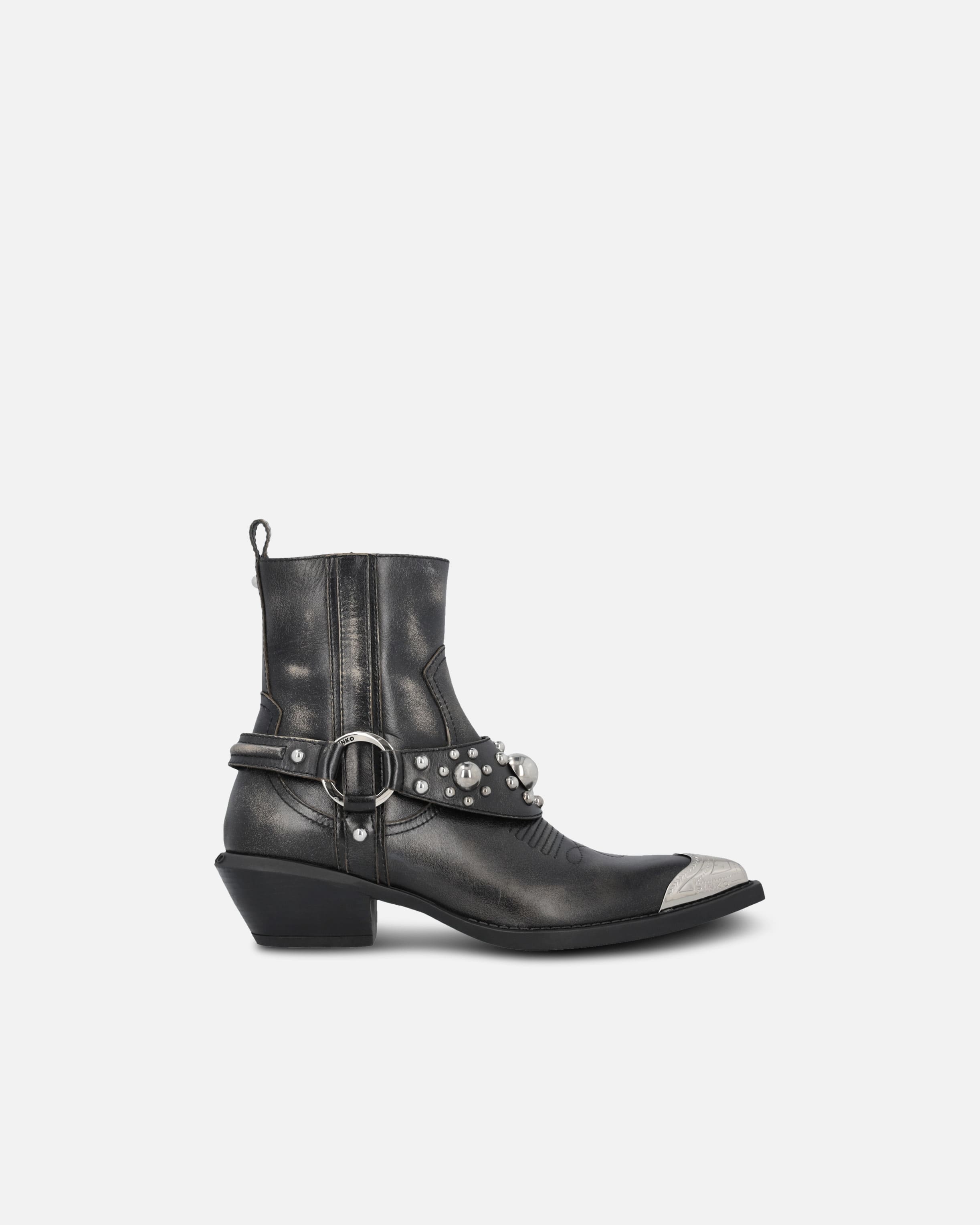Ankle cowboy boots in distressed leather with a metal toe cap