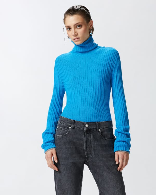 High neck ribbed cashmere blend sweater with lurex cuffs PINKO Shop Online