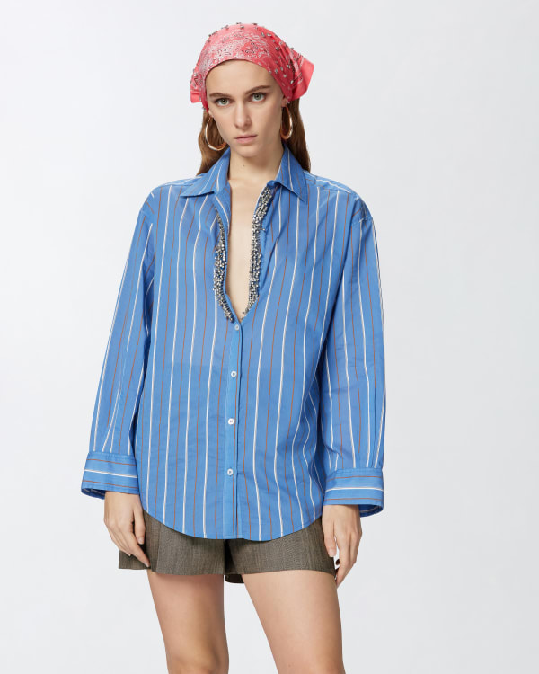 Blue striped shirt with jewel embroidery PINKO → Shop Online