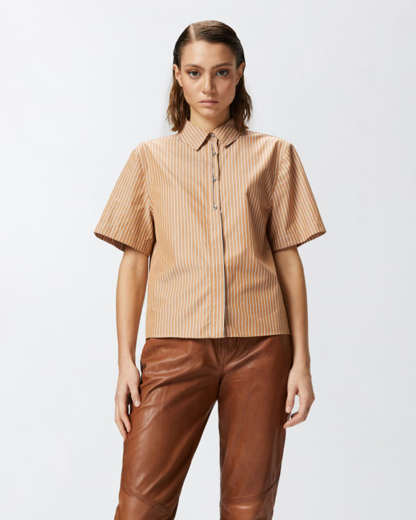 ◆KHAKIPOINT◆ Ribbon Shirring Tshirt melange Vertical-striped cotton bowling shirt PINKO → Shop Online