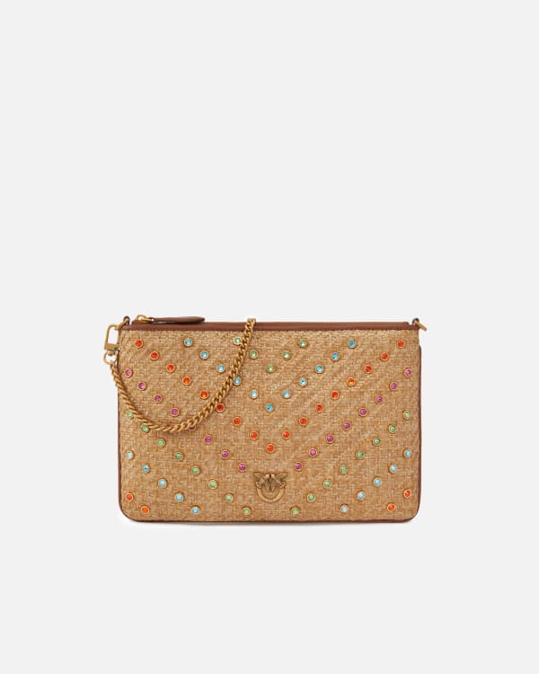 クラッチバッグ PINKO Raffia flat clutch Brown Medium raffia flat bag with coloured rhinestones PINKO