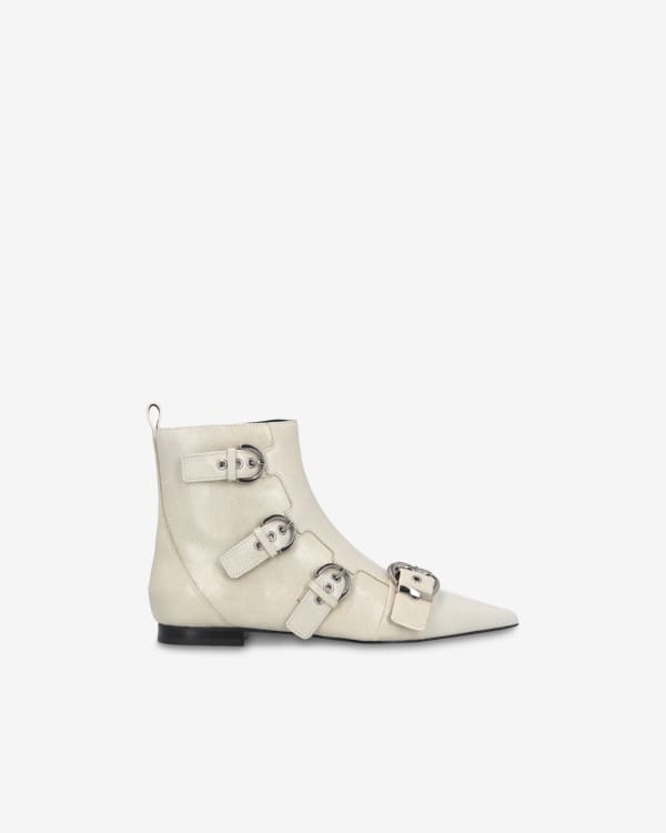 Pointed toe leather ankle boots with buckles