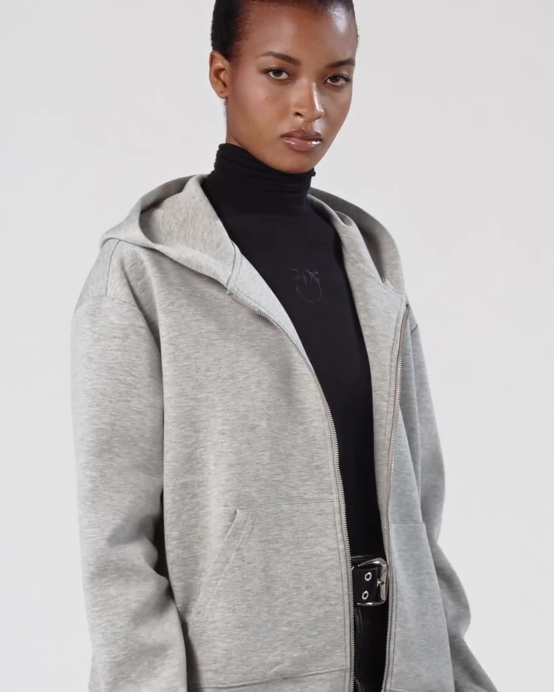 PINKO 売れ筋商品|||ピンコ パーカー・スウェットシャツ アウター レディース Sweatshirts Grey Neoprene-effect sweatshirt jacket with jewel embroidery