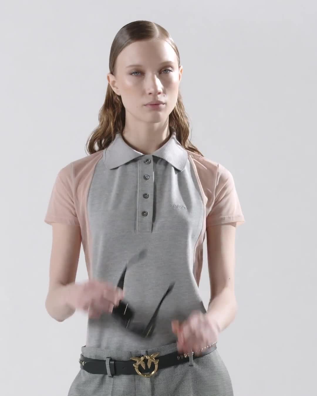 Tシャツ・カットソー PINKO SS25 'Makalu' polo shirt (105016A2E7 I22) Tulle and cotton polo T-shirt with embroidered mini logo