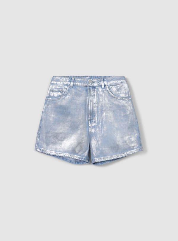 Bermuda vita alta denim tessuto spalmato
