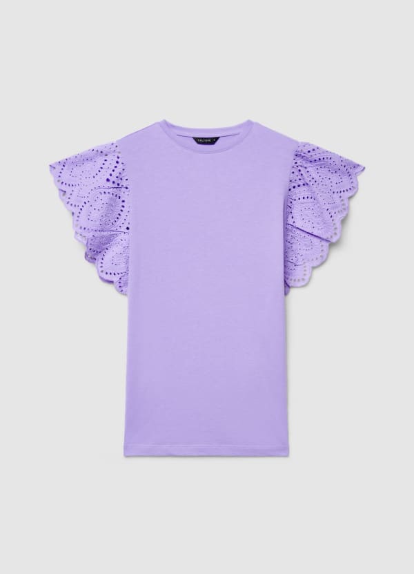 T-shirt con maniche a volant sangallo