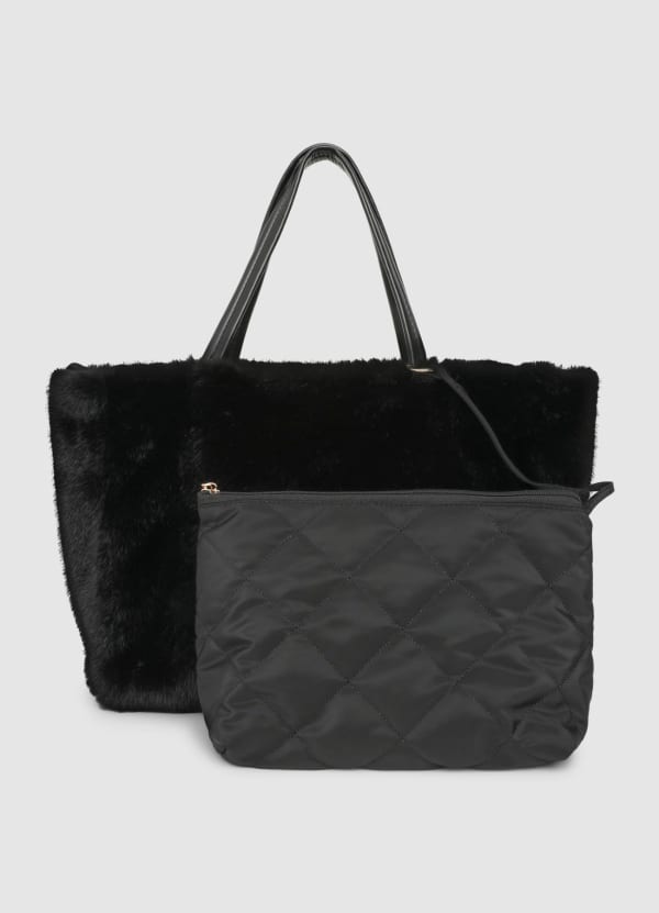 Shopper rettangolare effetto pelo con pochette trapuntata