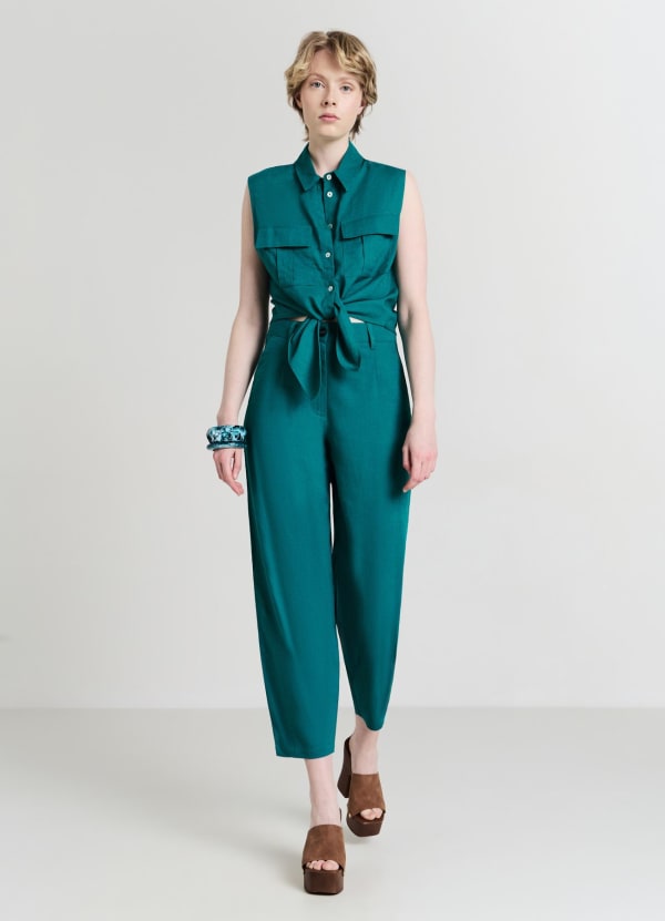 Camicia smanicata misto lino con nodo