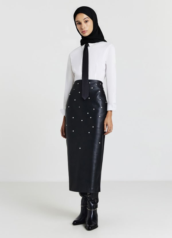 Gonna longuette con strass e spacco