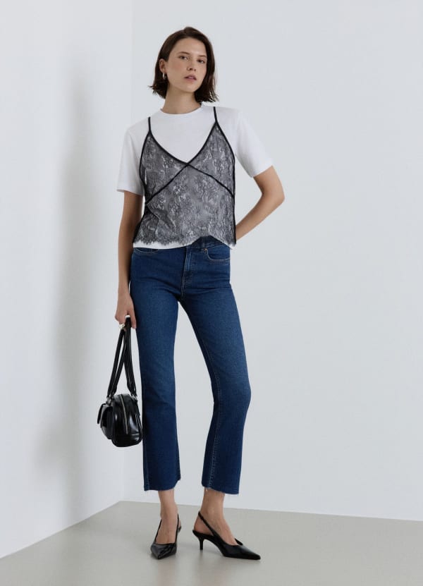 Jeans crop flare a tinta unita