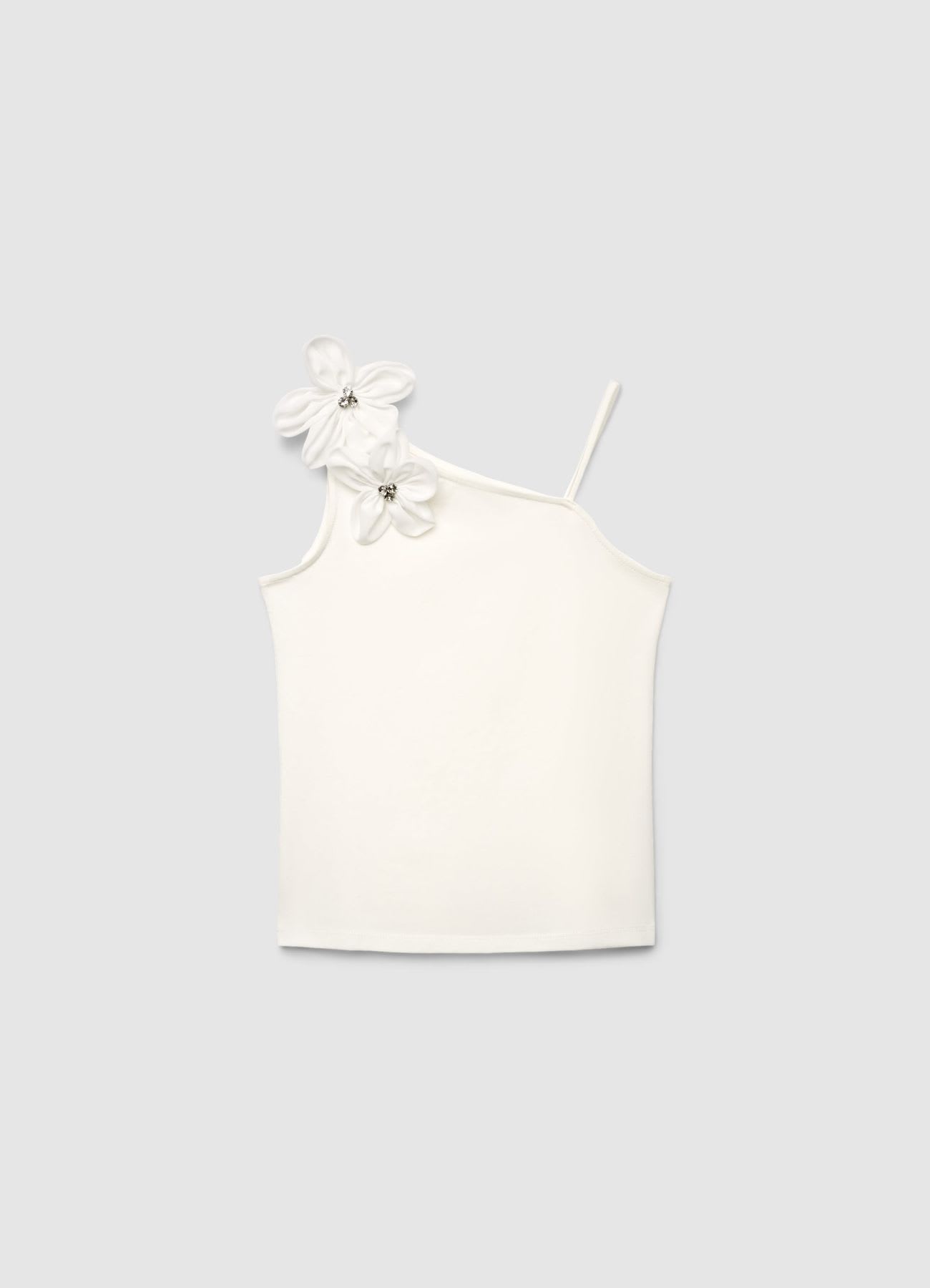 Top monospalla con fiori applicati