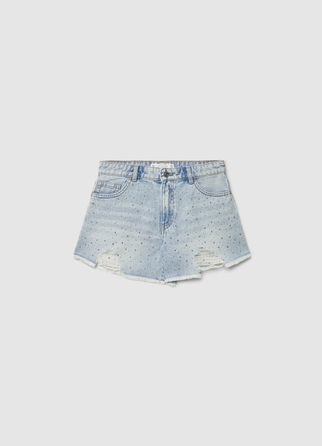 Shorts mom in denim con strass e strappi