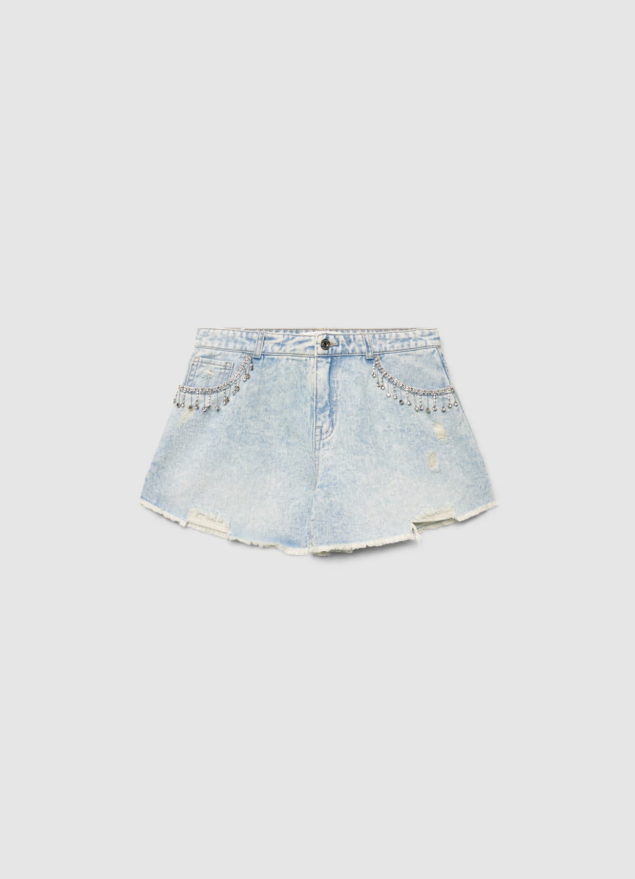 Shorts in denim con catene strass