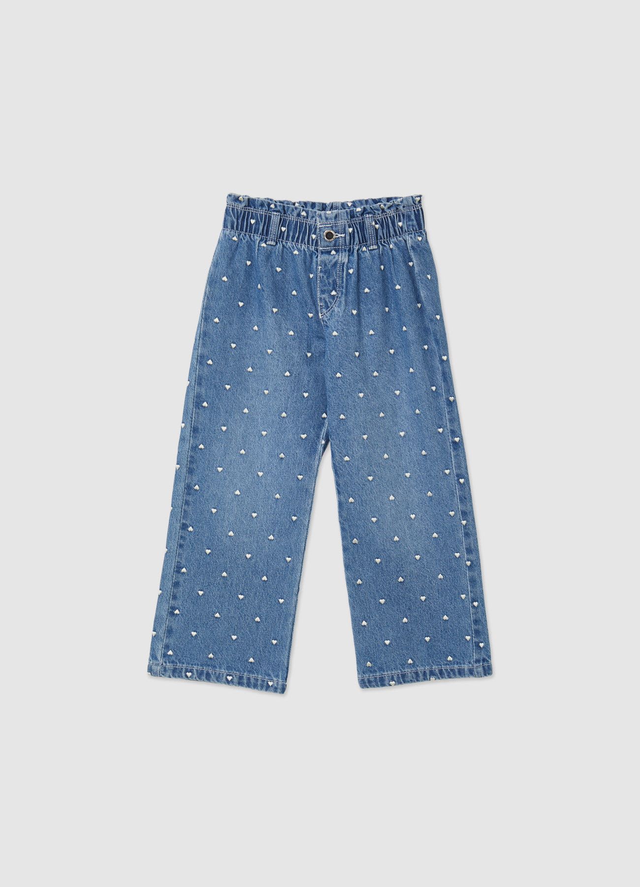 Jeans wide leg con ricami a cuori