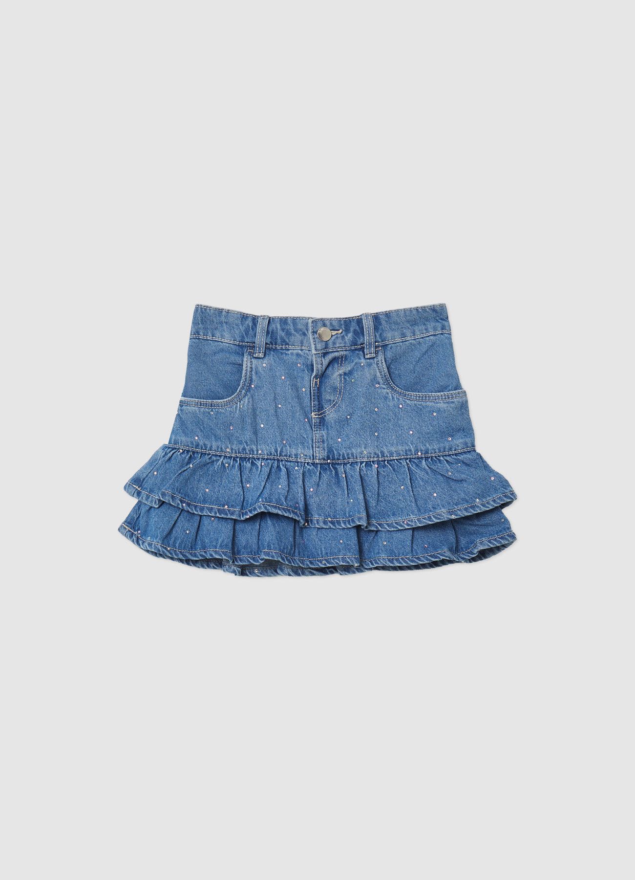 Minigonna denim con balze e strass