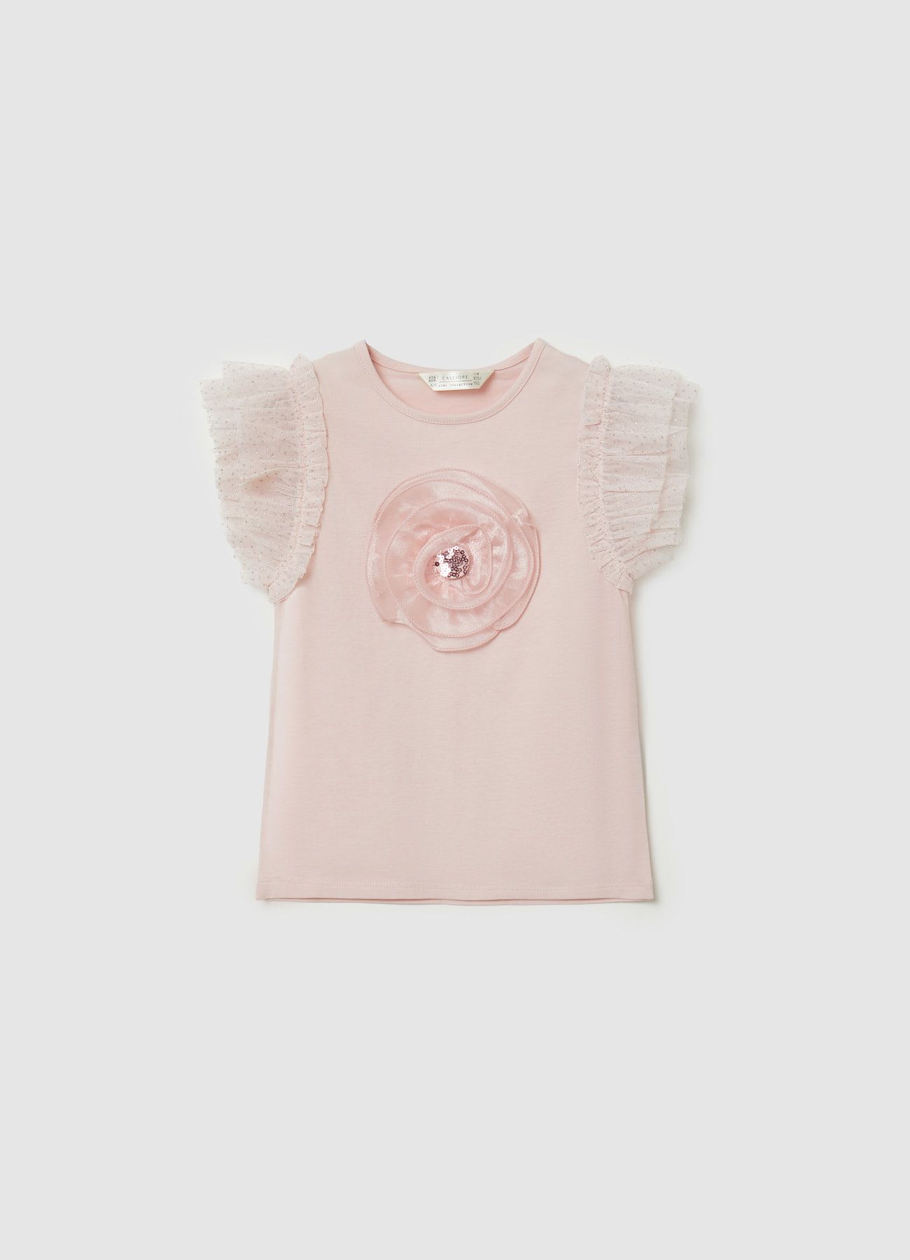 T-shirt maniche balze fiore applicato