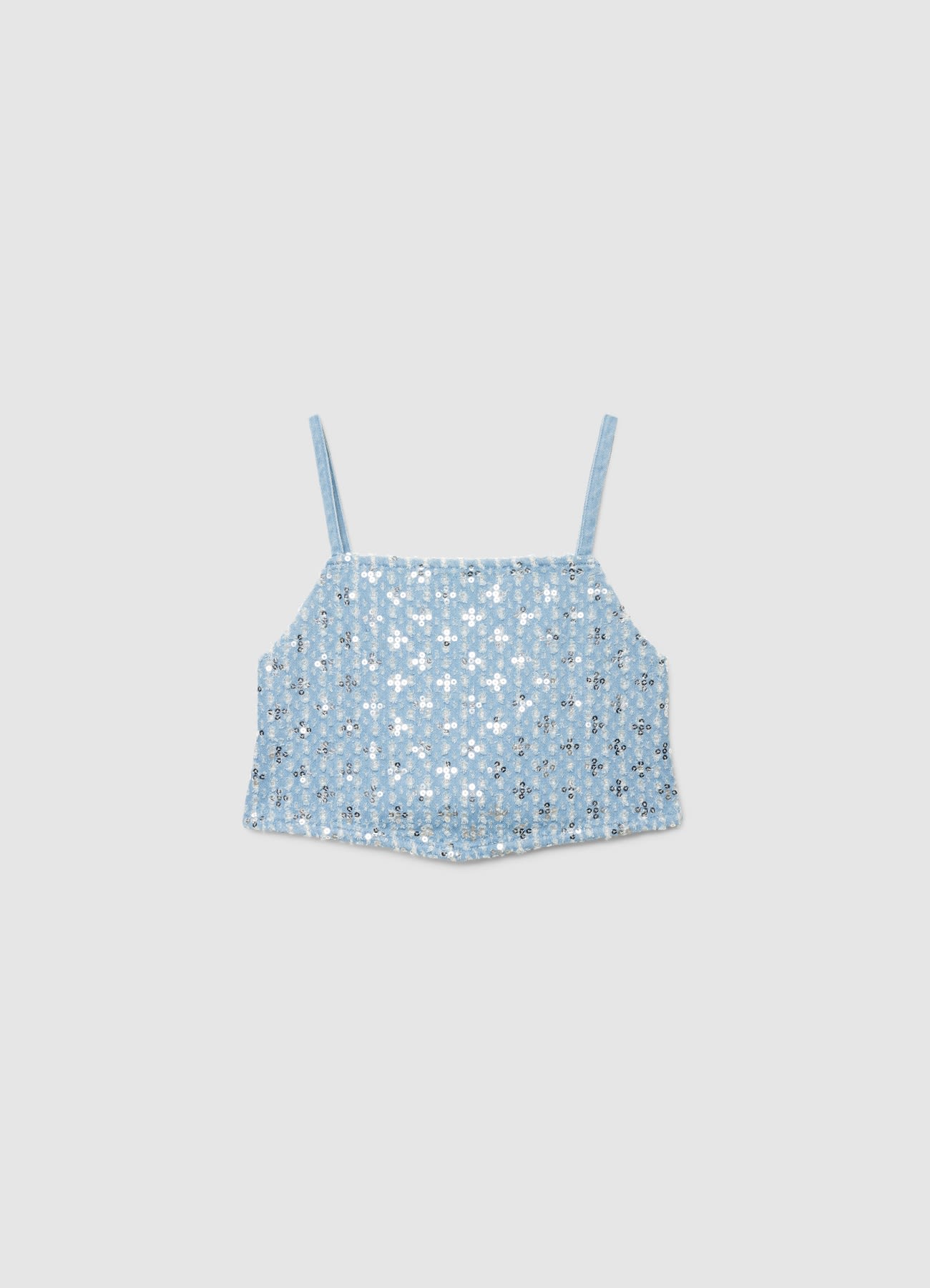 Top denim con paillettes e bretelle sottili