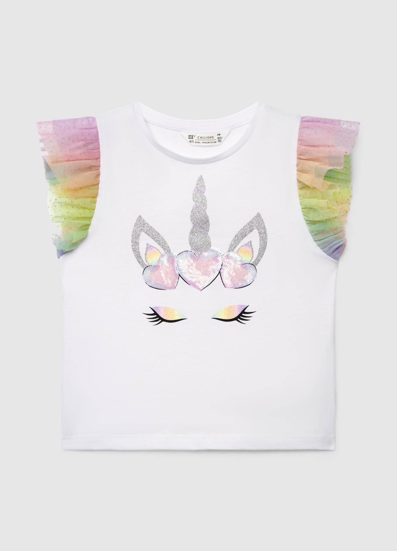 T-shirt con stampa unicorno e volant
