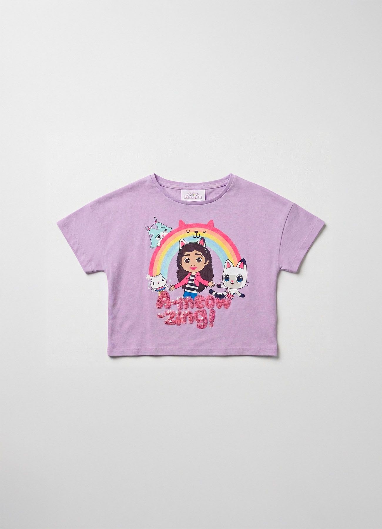 T-shirt con stampa e scritta con paillettes