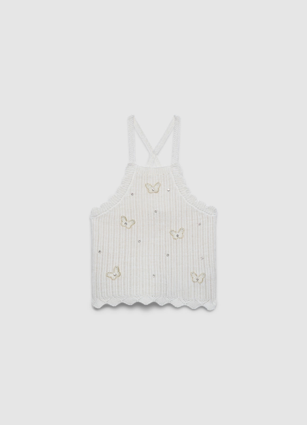 Top crochet con farfalle e strass