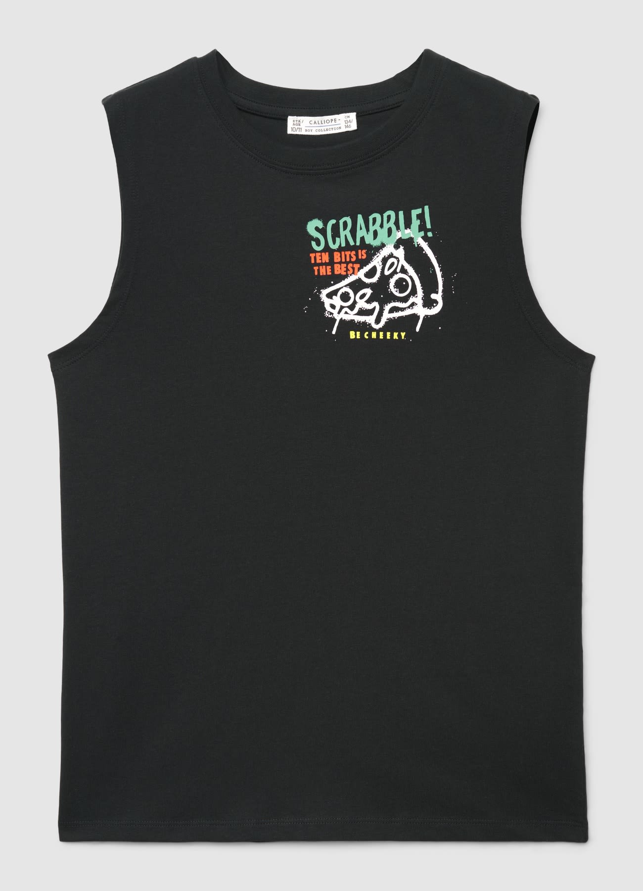 T-shirt smanicata con stampa pizza e scritte