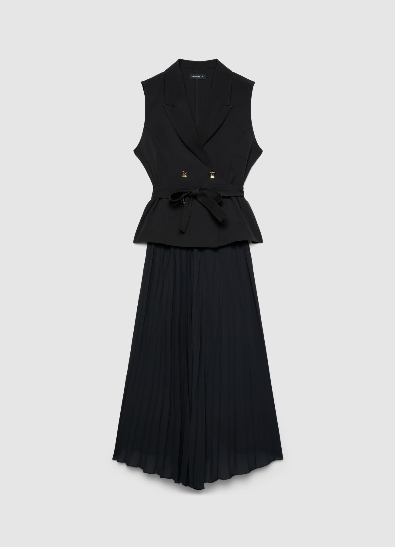 Vestito gilet doppiopetto con cintura e gonna plissé