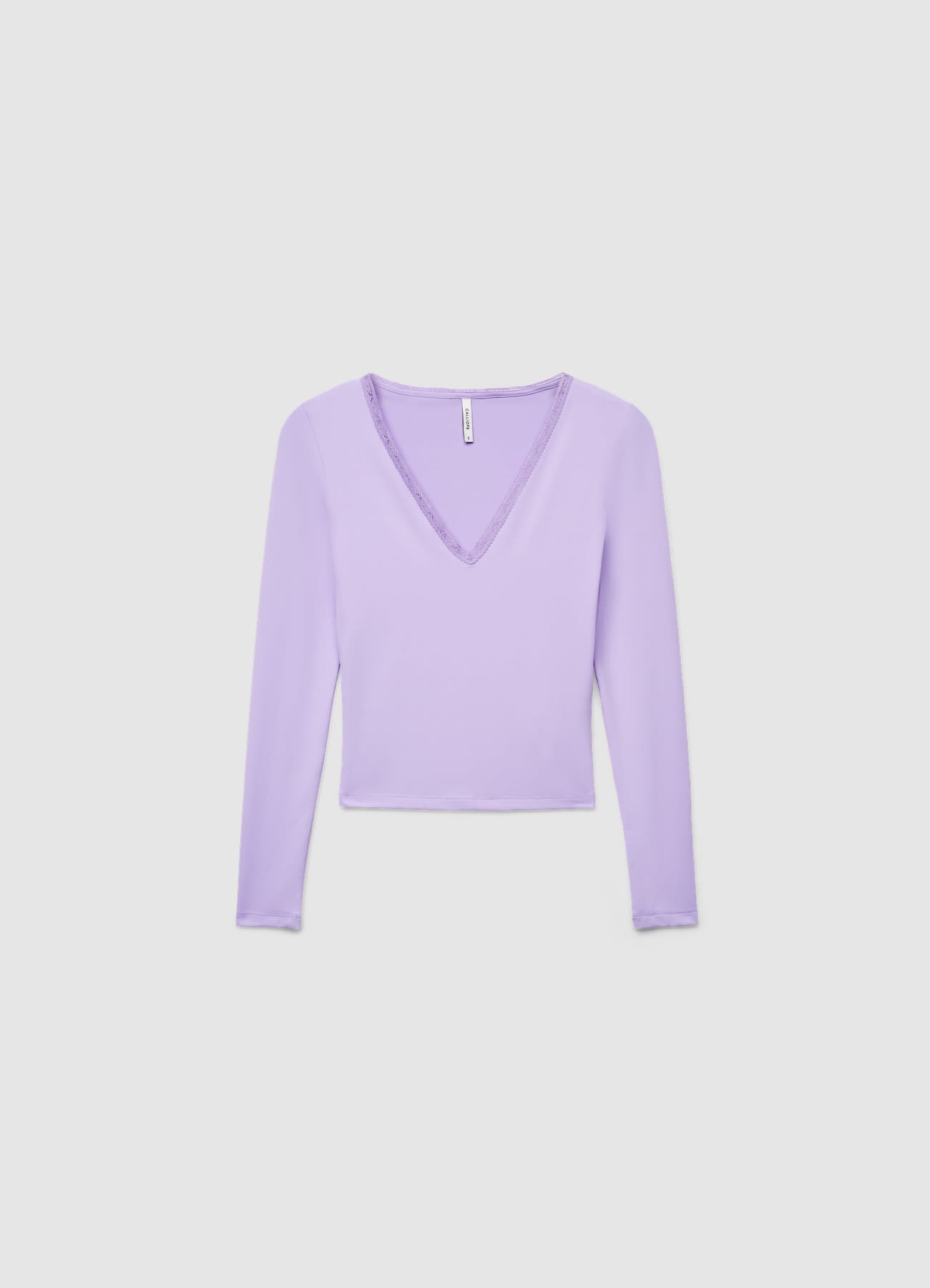 T-shirt a manica lunga con scollo a v e bordo in pizzo