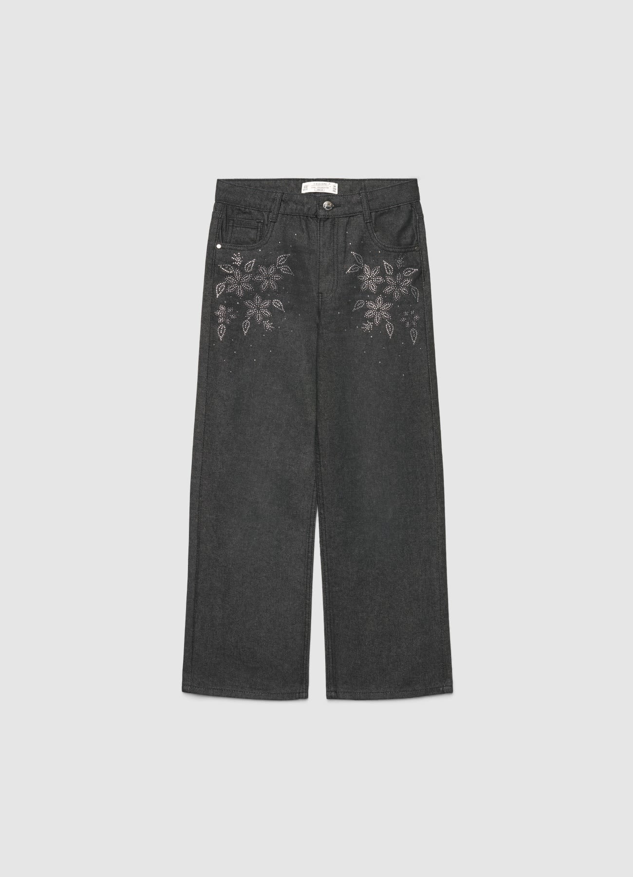 Jeans wide leg con strass a fiori