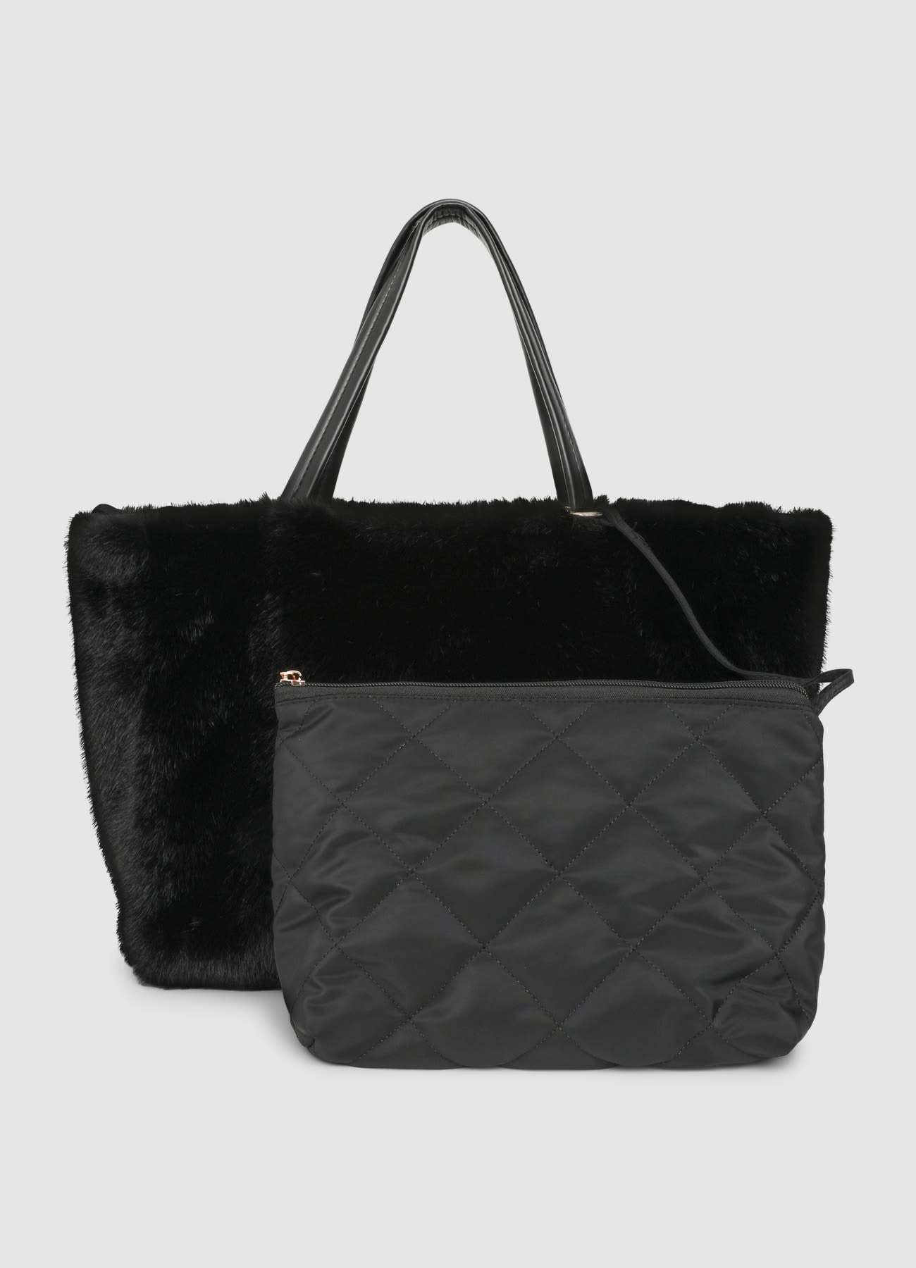 Shopper rettangolare effetto pelo con pochette trapuntata