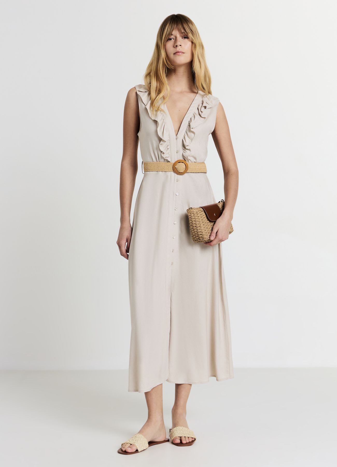 Abito chemisier con frill e cintura
