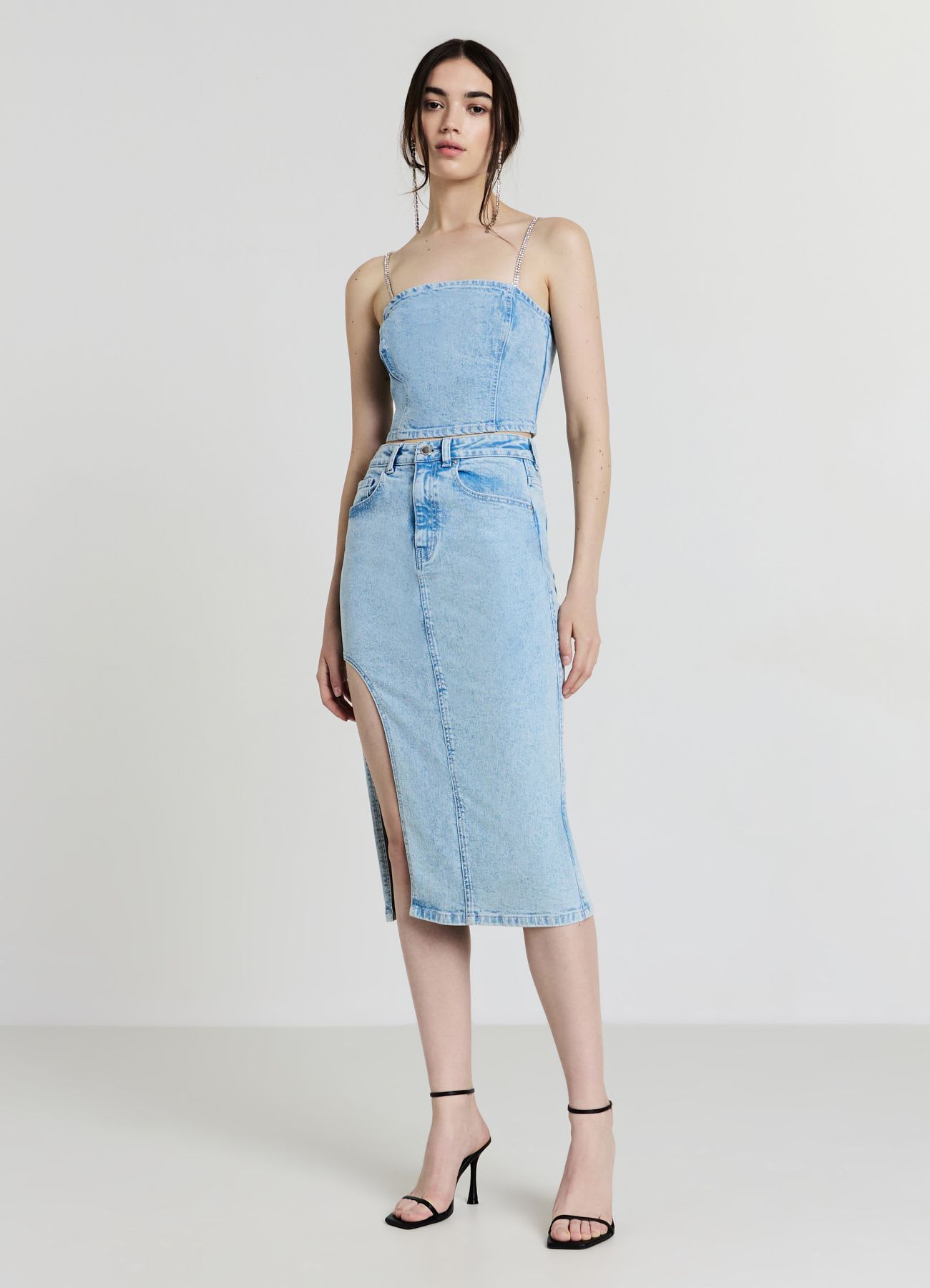 Top denim spalline strass