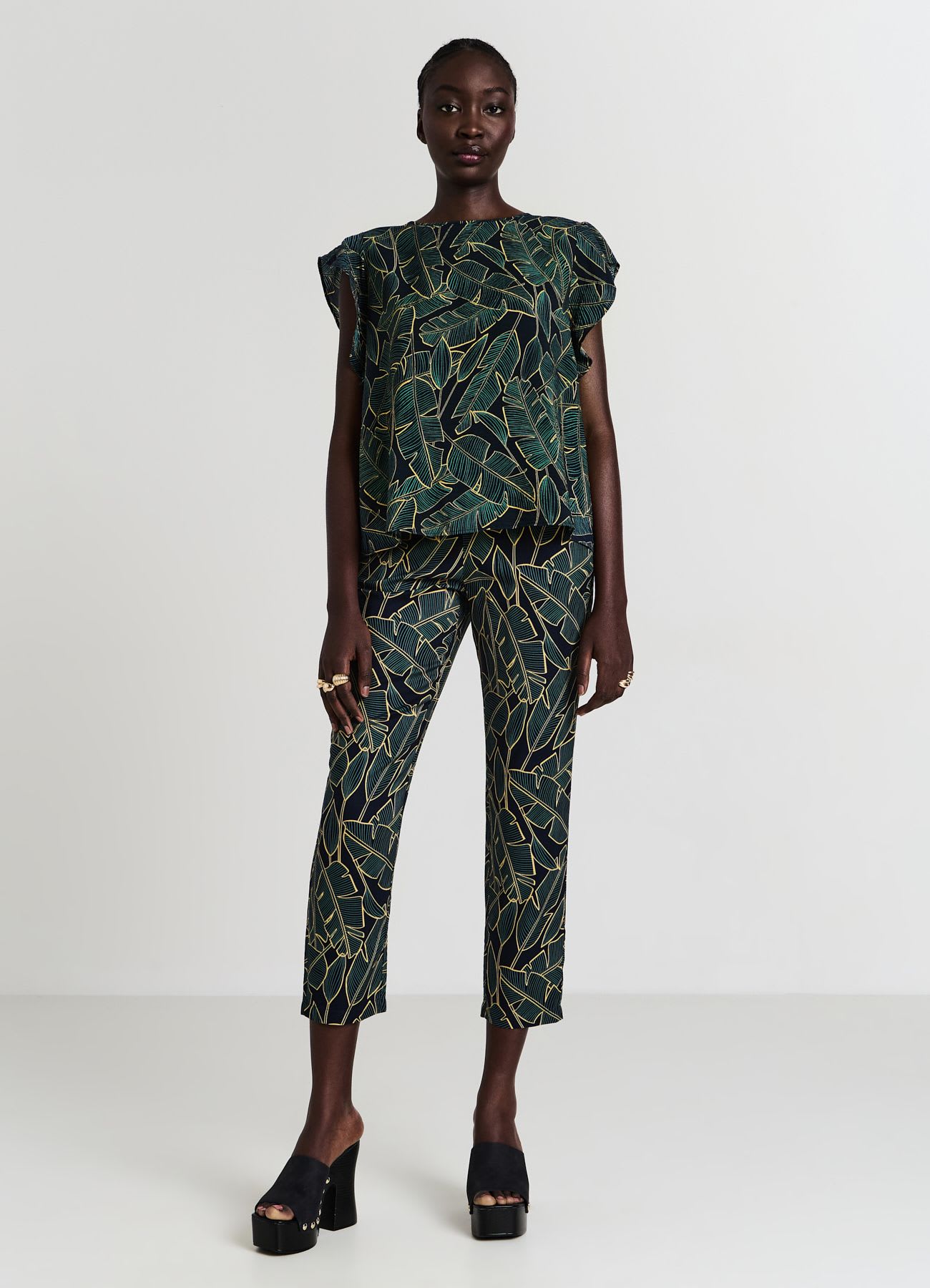 Blusa rouches fantasia fogliame