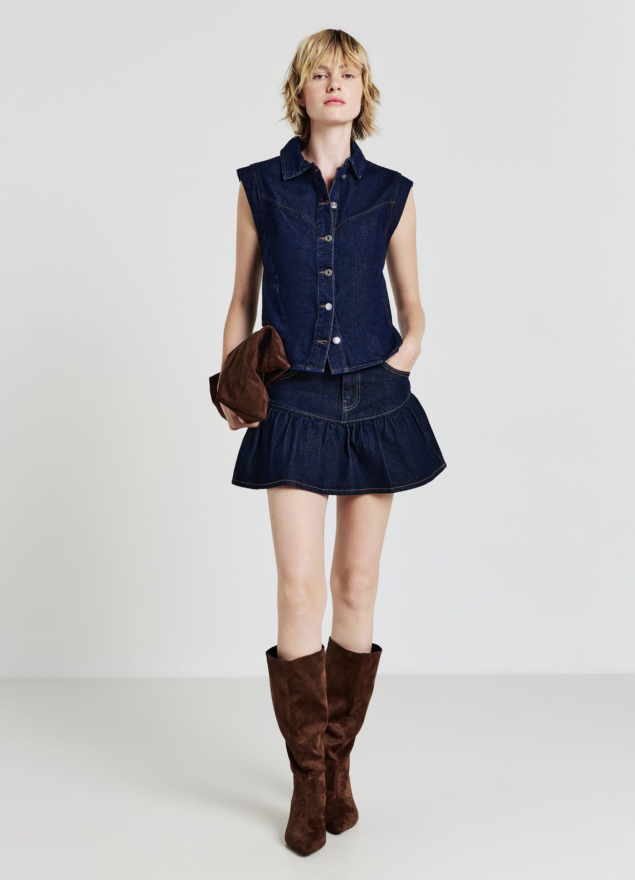 Gonna-pantalone denim con frill