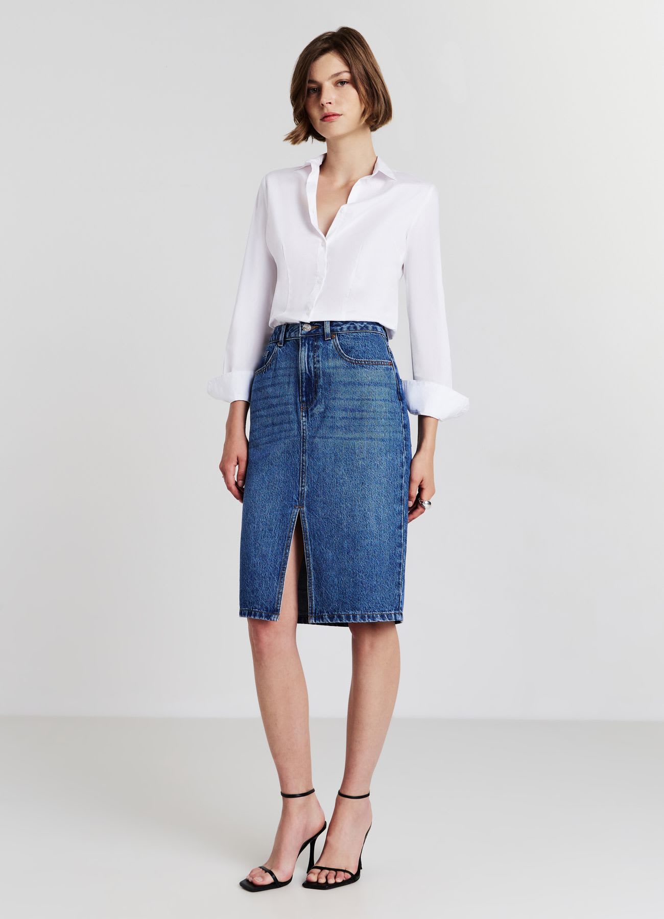 Gonna longuette in denim con spacco