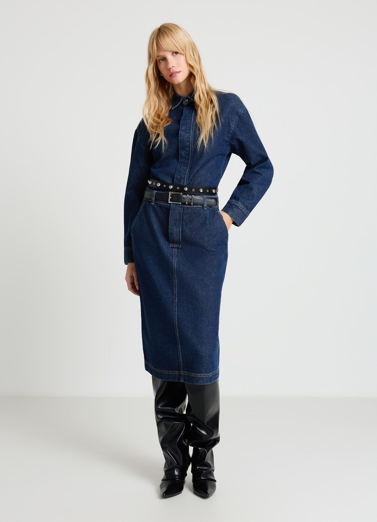 Abito midi in denim con tasche