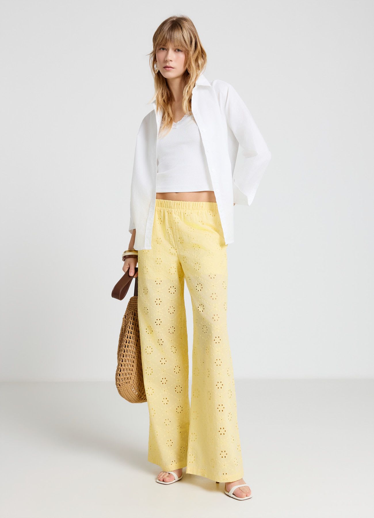 Pantaloni wide leg in sangallo