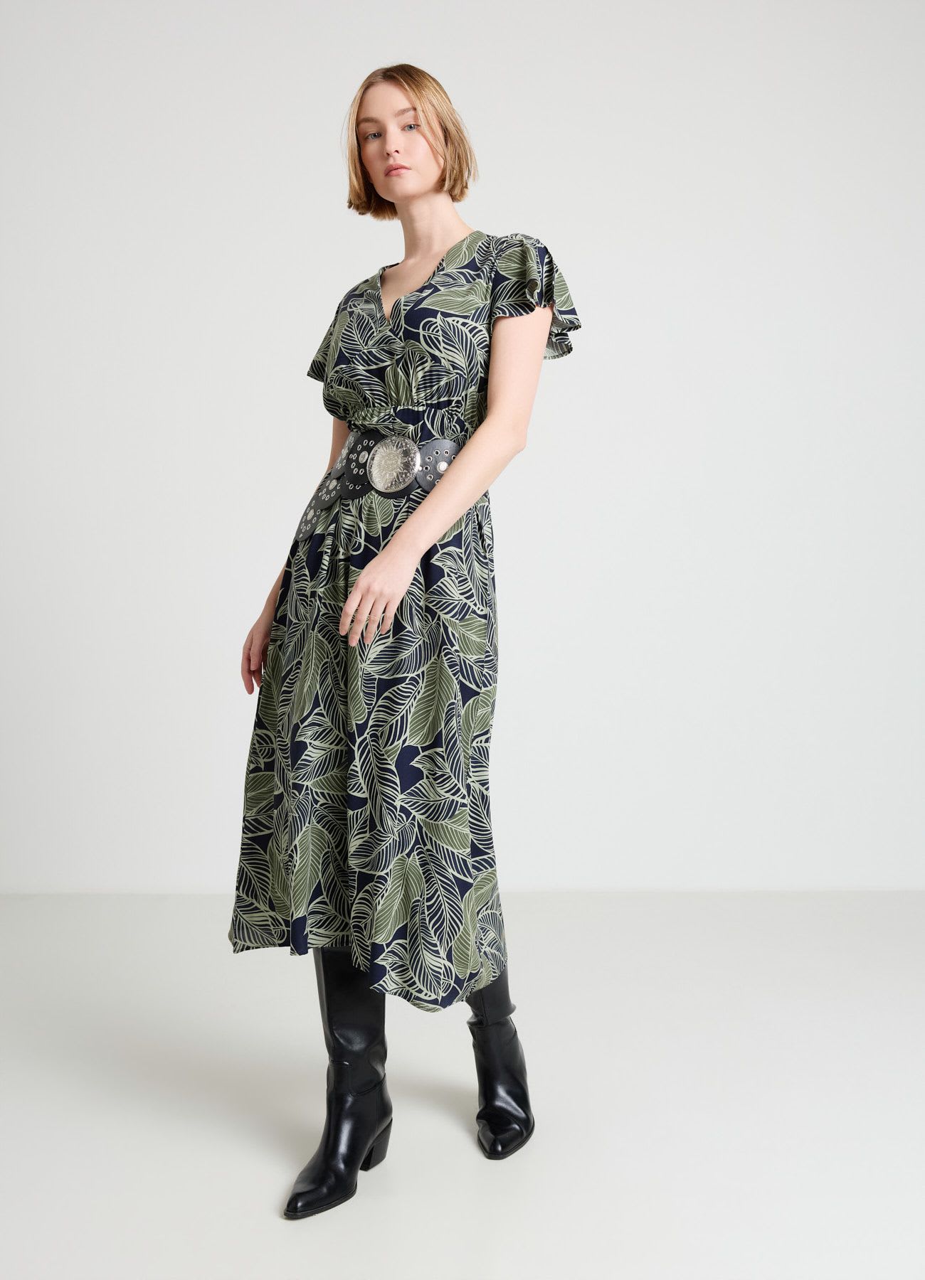 Vestito lungo con stampa foglie
