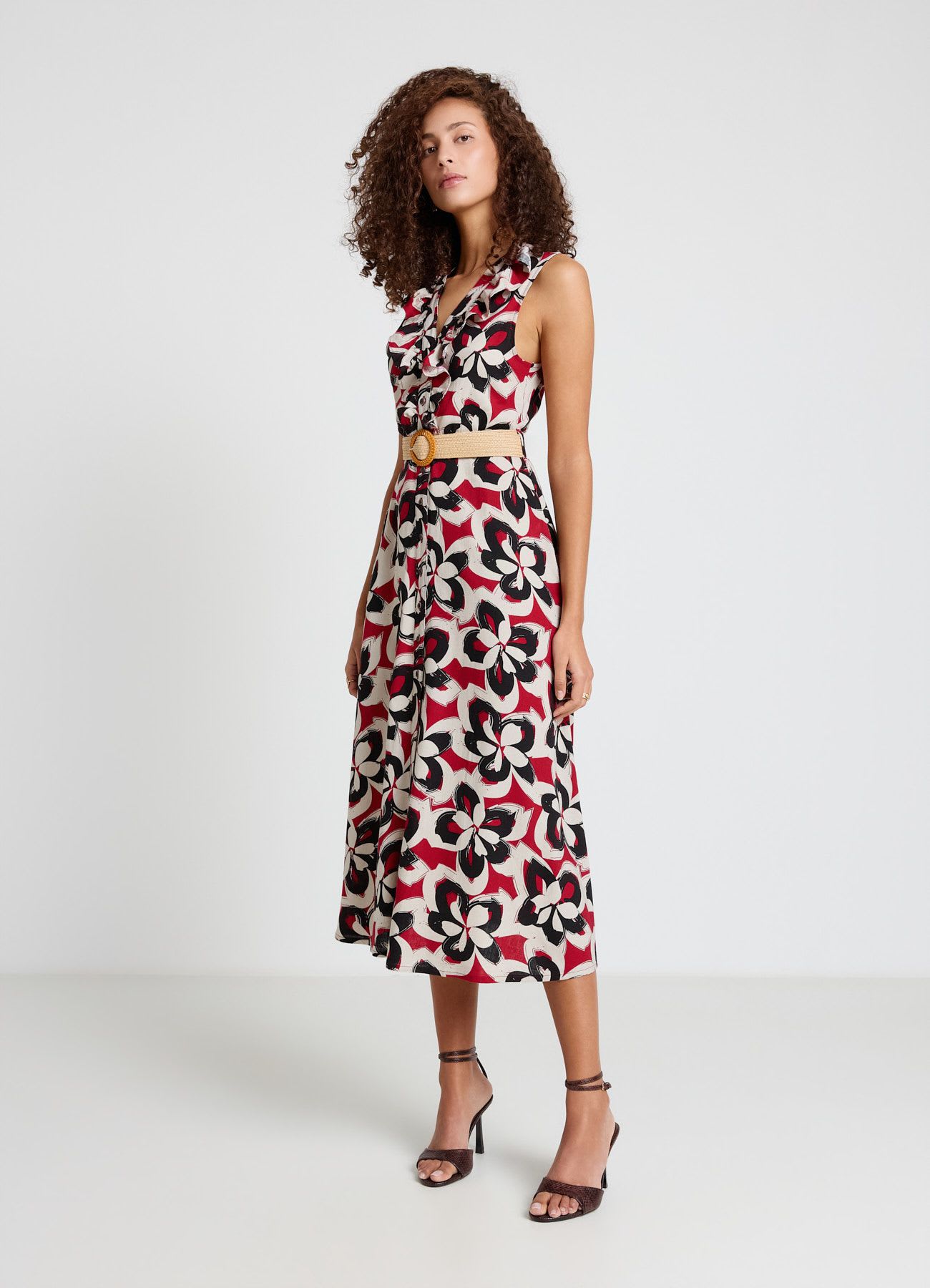Vestito chemisier stampa fiori con frill e cintura