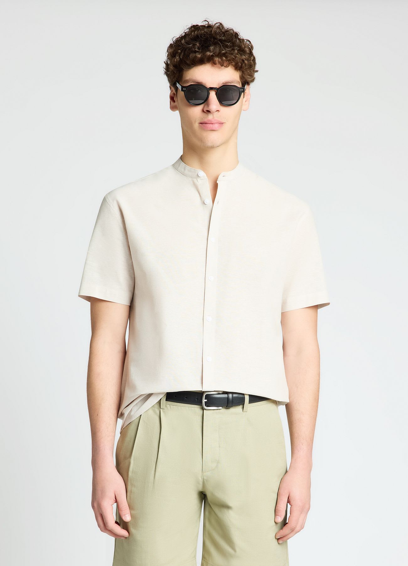 Camicia misto lino con collo coreana