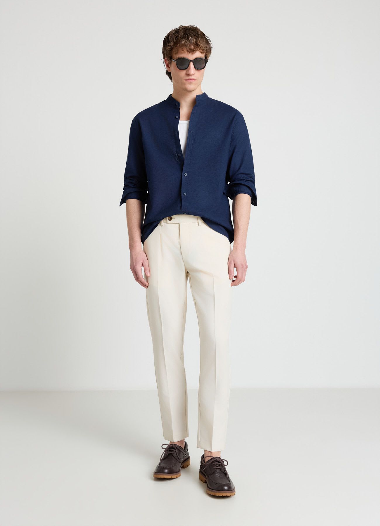 Camicia collo alla coreana misto lino