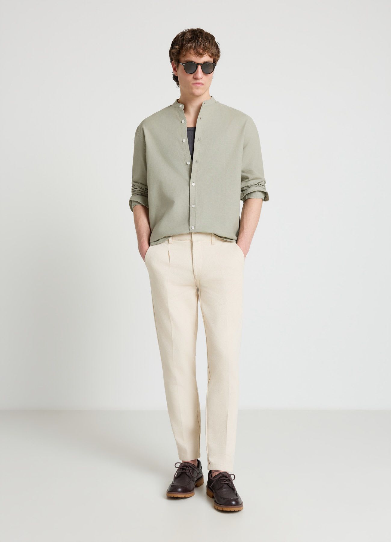 Camicia collo alla coreana misto lino
