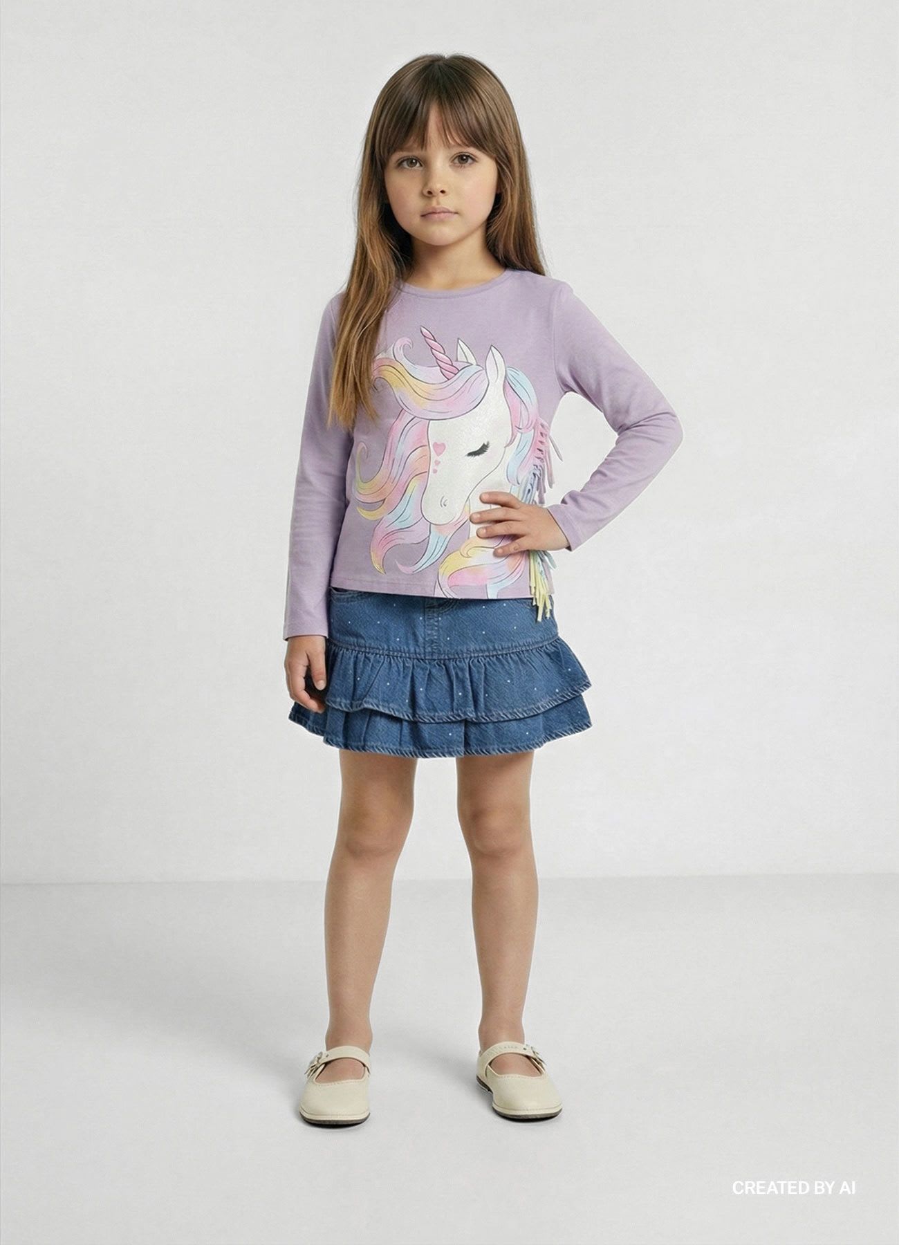 T-shirt con stampa unicorno e frange