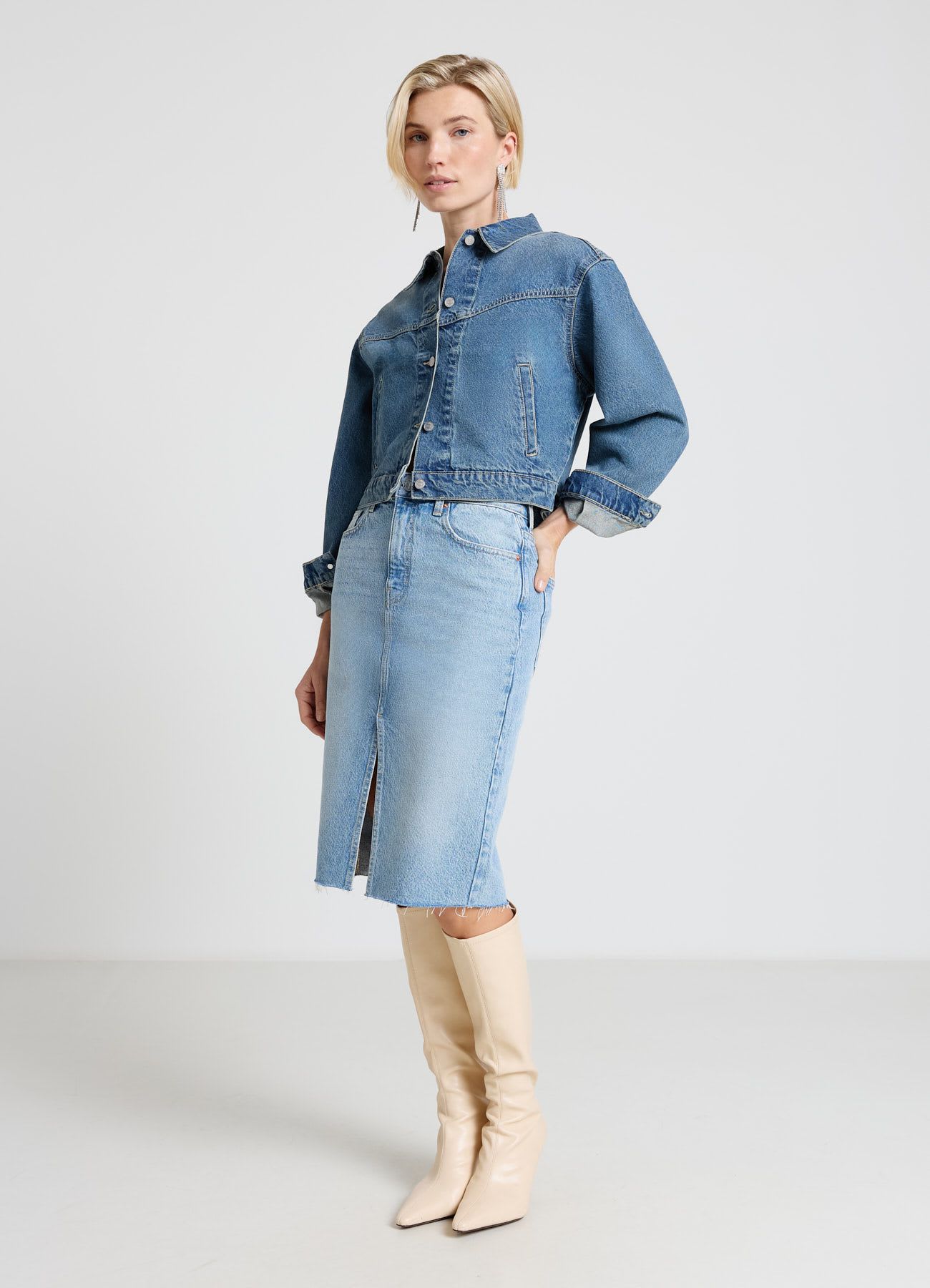 Gonna longuette in denim con spacco