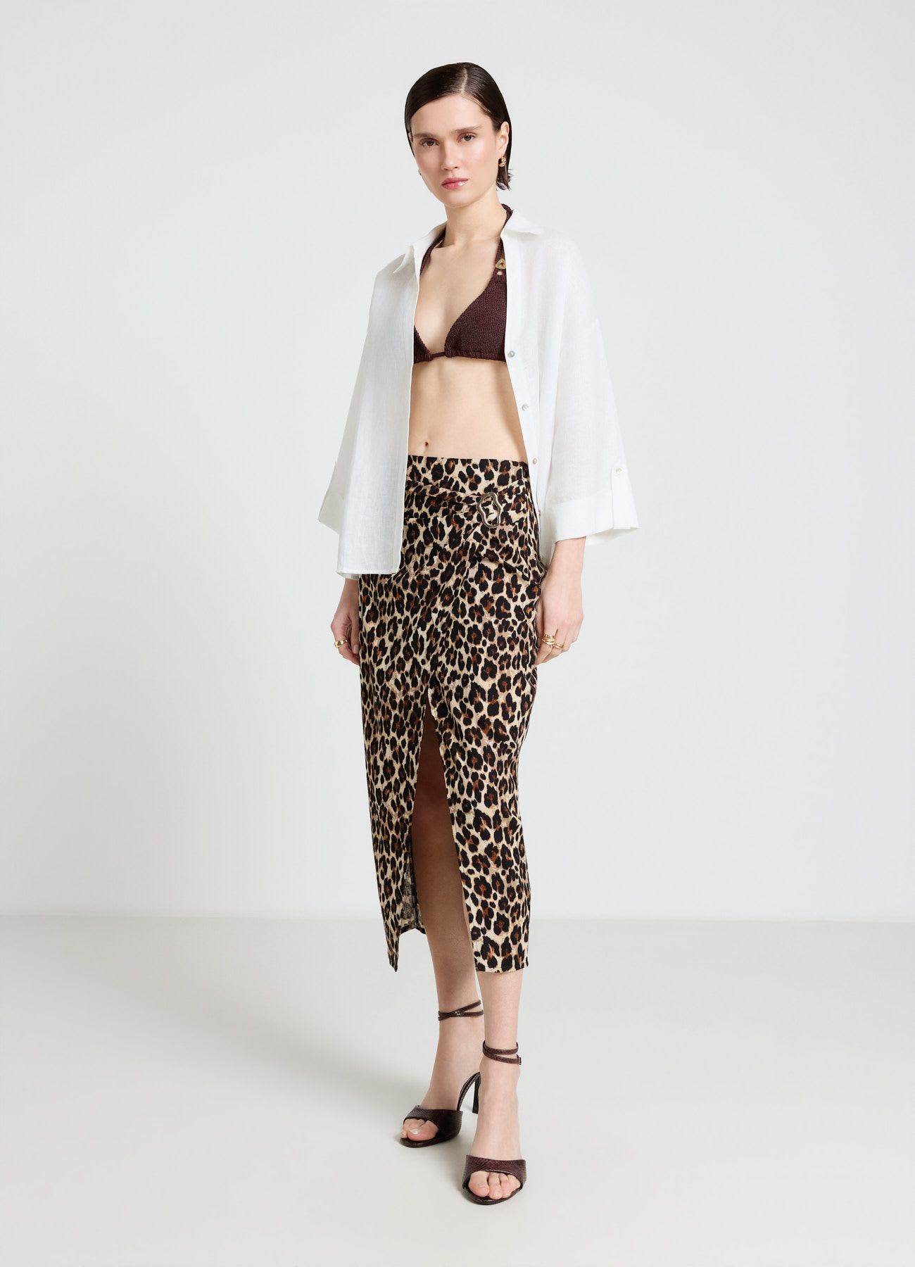 Gonna midi a portafoglio con fibbia e stampa animalier