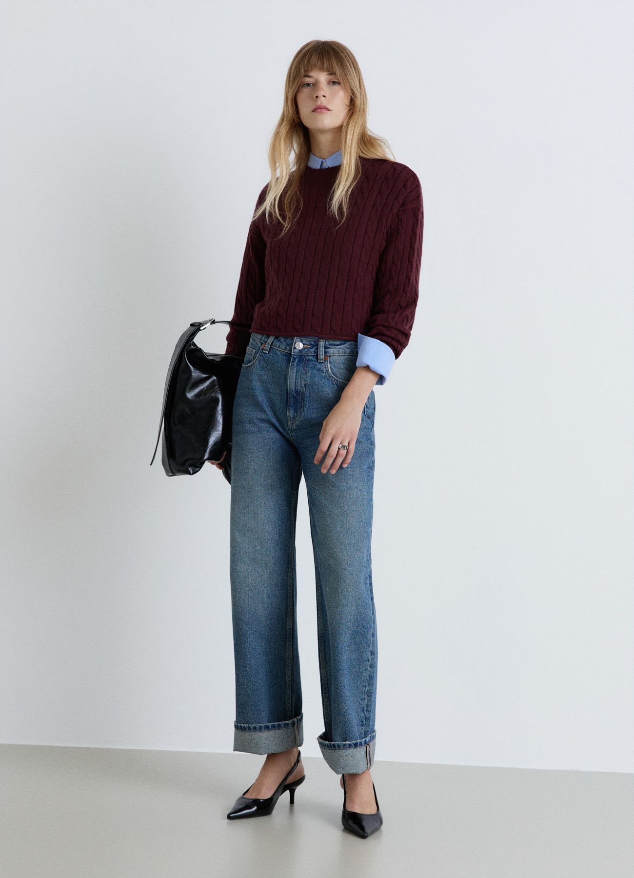 Maglia crop a trecce girocollo