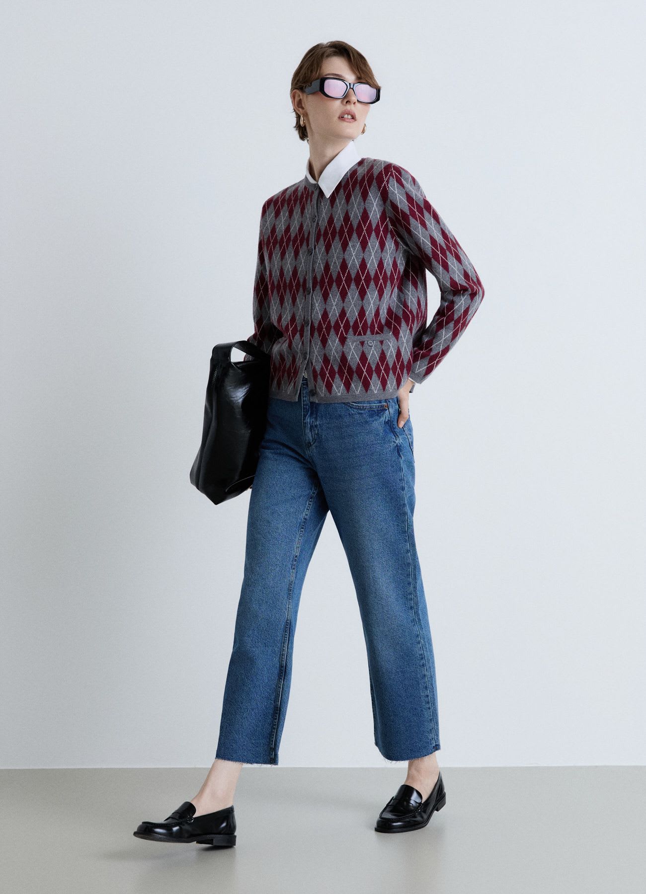Cardigan girocollo con motivo a rombi
