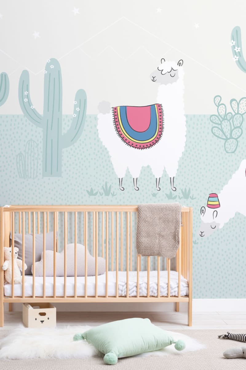 Cool Blue Exotic Llama Cactus Wallpaper Mural Hovia - Main Image