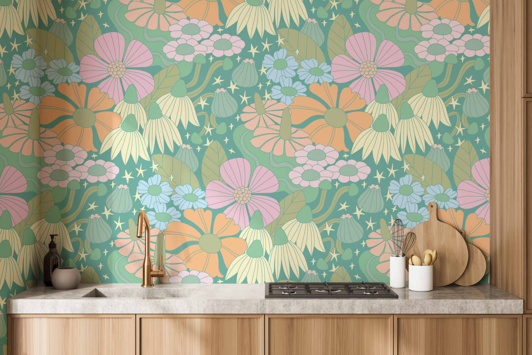 Elizabeth Olwen Cosmic Floral Green Mural - Hovia